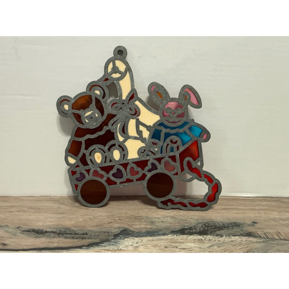 Vintage Suncatcher Teddy Bear Bunny Goose in Heart Wagon Stained Glass - Picture 2 of 2